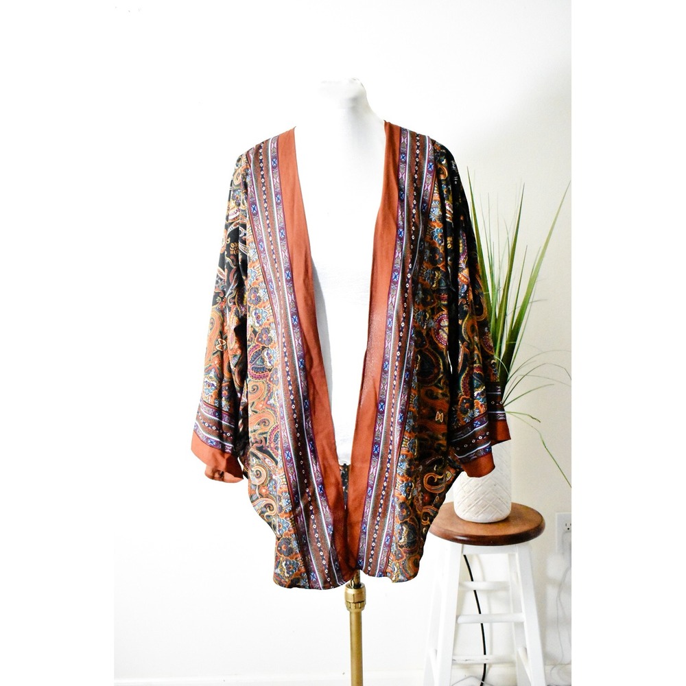 Earthbound Trading Co Kimono Women L/XL Orange Paisley Boho Open Front Wrap 30